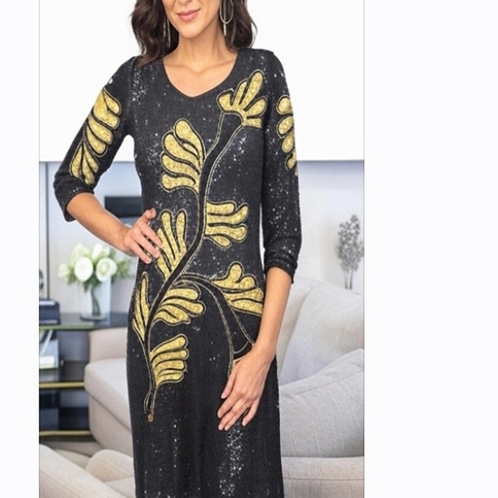 Vintage Sequin Silk 80s 90s Glam Party Evening Holiday Black Gold Maxi Dress